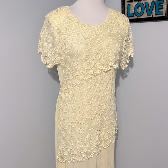 Vintage Magnet Art by Lynn Yang Yellow Embroidered Lace Maxi Dress Size Small - Picture 4 of 15
